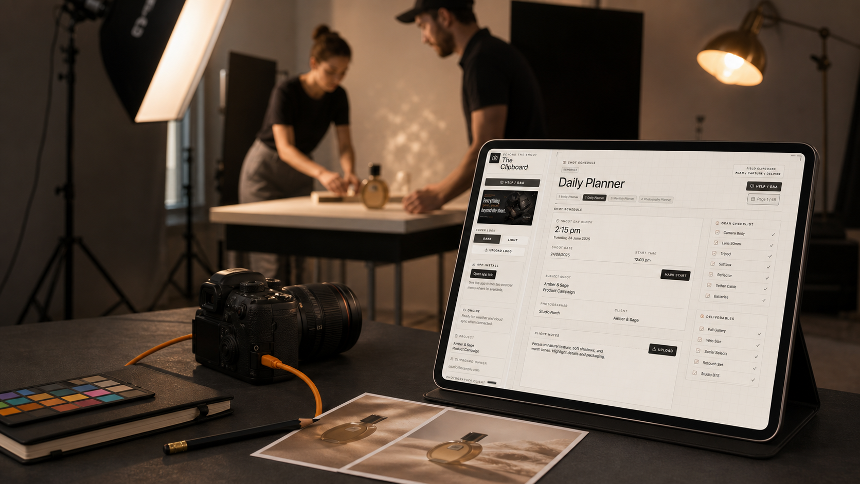 A commercial photography team using The Photographer's Clipboard on an iPad