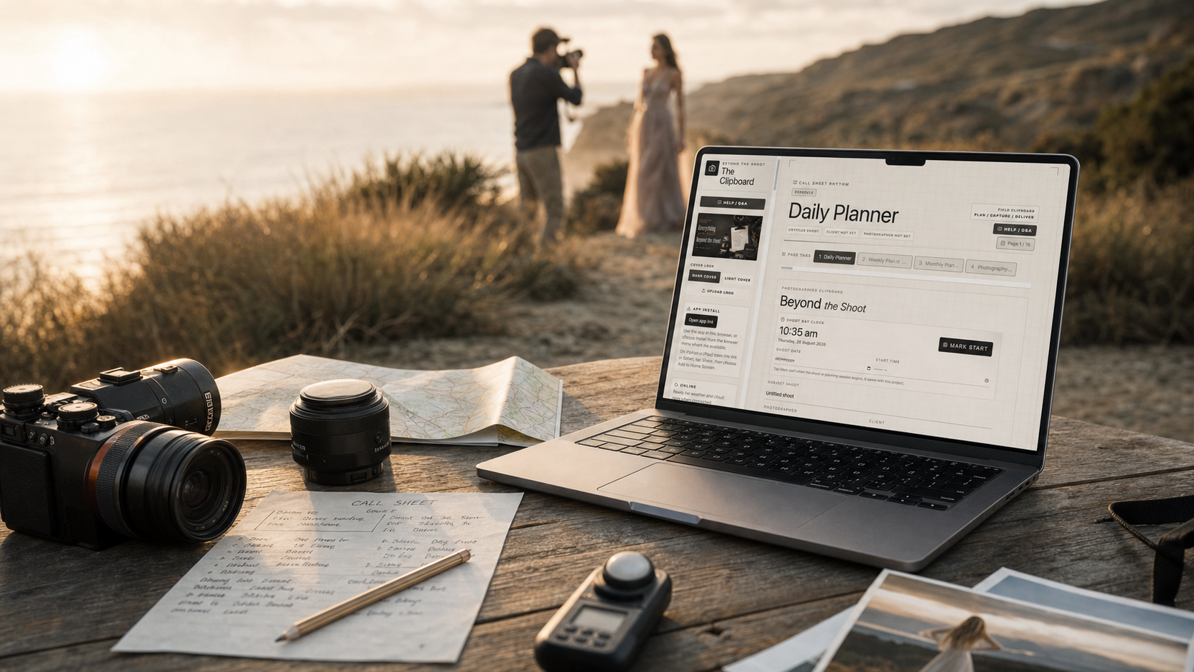A photographer planning a coastal location shoot with The Photographer's Clipboard on a laptop