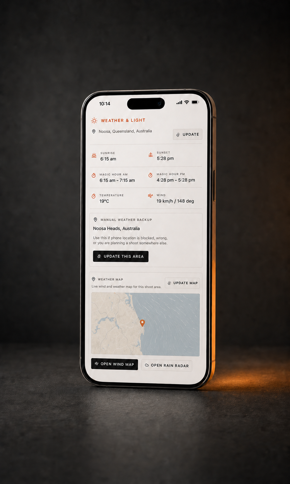 The Photographer's Clipboard Weather and Light planner on an iPhone