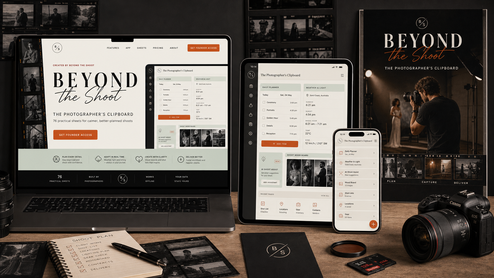 Beyond the Shoot visual direction showing The Photographer's Clipboard on laptop, iPad and iPhone