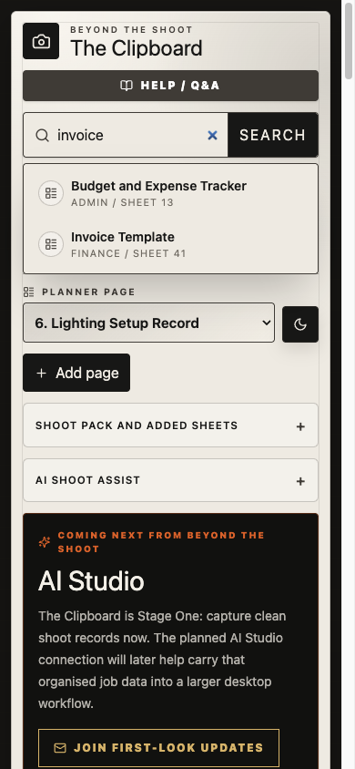 The universal search in The Photographer's Clipboard finding the Invoice Template and related sheets on a phone