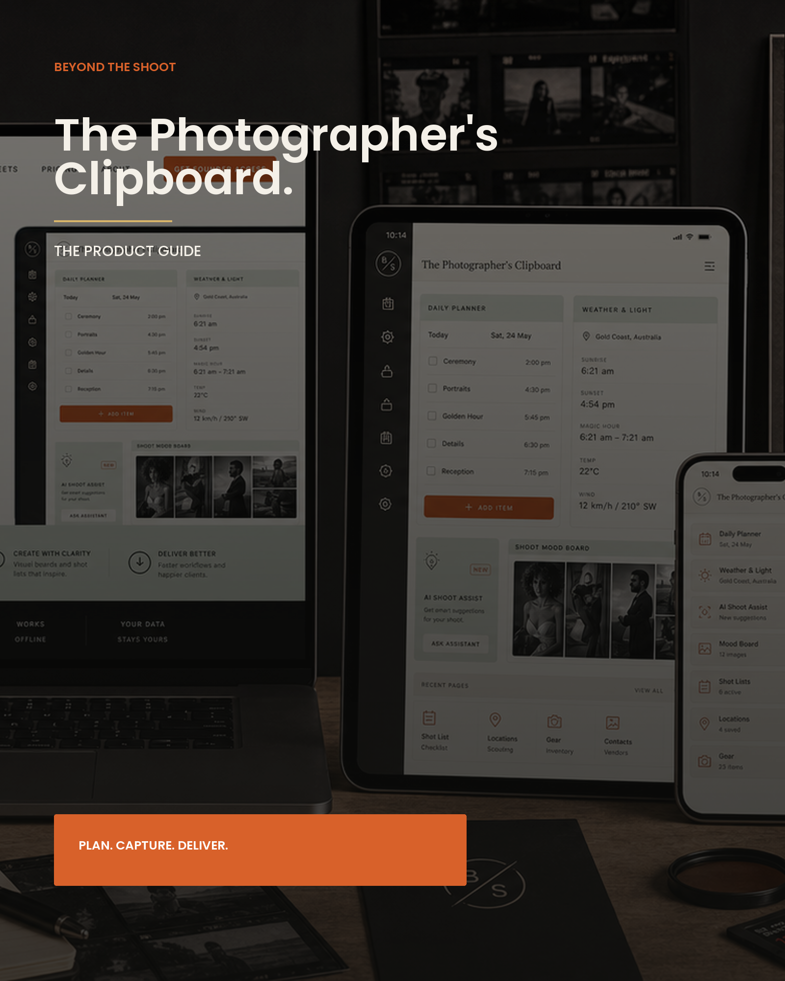 Cover of The Photographer's Clipboard product guide showing the app on real devices in a photography studio